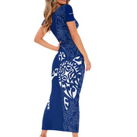 Montserrat Family Matching Short Sleeve Bodycon Dress and Hawaiian Shirt with Tribal Sea Turtle Illustration Blue Polynesian Pattern Design - Wonder Print Shop