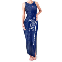 Montserrat Family Matching Tank Maxi Dress and Hawaiian Shirt with Tribal Sea Turtle Illustration Blue Polynesian Pattern Design - Wonder Print Shop