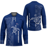 Montserrat Hockey Jersey with Tribal Sea Turtle Illustration Blue Polynesian Pattern Design - Wonder Print Shop