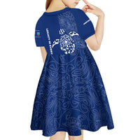 Montserrat Kid Short Sleeve Dress with Tribal Sea Turtle Illustration Blue Polynesian Pattern Design - Wonder Print Shop
