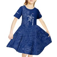 Montserrat Kid Short Sleeve Dress with Tribal Sea Turtle Illustration Blue Polynesian Pattern Design - Wonder Print Shop