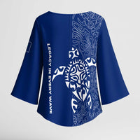 Montserrat Kimono Sleeve Blouse with Tribal Sea Turtle Illustration Blue Polynesian Pattern Design - Wonder Print Shop