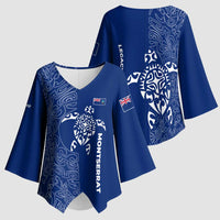 Montserrat Kimono Sleeve Blouse with Tribal Sea Turtle Illustration Blue Polynesian Pattern Design - Wonder Print Shop