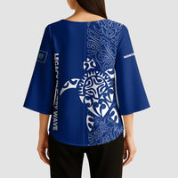 Montserrat Kimono Sleeve Blouse with Tribal Sea Turtle Illustration Blue Polynesian Pattern Design - Wonder Print Shop