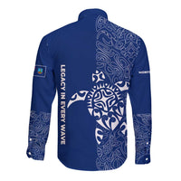 Montserrat Long Sleeve Button Shirt with Tribal Sea Turtle Illustration Blue Polynesian Pattern Design - Wonder Print Shop