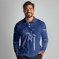 Montserrat Long Sleeve Polo Shirt with Tribal Sea Turtle Illustration Blue Polynesian Pattern Design - Wonder Print Shop