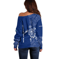 Montserrat Off Shoulder Sweater with Tribal Sea Turtle Illustration Blue Polynesian Pattern Design - Wonder Print Shop