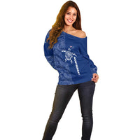 Montserrat Off Shoulder Sweater with Tribal Sea Turtle Illustration Blue Polynesian Pattern Design - Wonder Print Shop