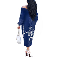 Montserrat Off The Shoulder Long Sleeve Dress with Tribal Sea Turtle Illustration Blue Polynesian Pattern Design - Wonder Print Shop