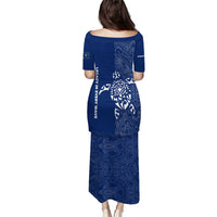 Montserrat Puletasi with Tribal Sea Turtle Illustration Blue Polynesian Pattern Design - Wonder Print Shop