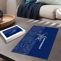 Montserrat Puzzle with Tribal Sea Turtle Illustration Blue Polynesian Pattern Design - Wonder Print Shop