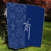Montserrat Quilt with Tribal Sea Turtle Illustration Blue Polynesian Pattern Design - Wonder Print Shop