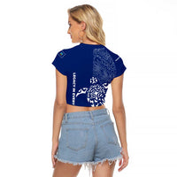 Montserrat Raglan Cropped T Shirt with Tribal Sea Turtle Illustration Blue Polynesian Pattern Design - Wonder Print Shop