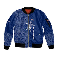 Montserrat Sleeve Zip Bomber Jacket with Tribal Sea Turtle Illustration Blue Polynesian Pattern Design - Wonder Print Shop
