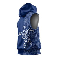 Montserrat Sleeveless Hoodie with Tribal Sea Turtle Illustration Blue Polynesian Pattern Design - Wonder Print Shop