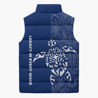 Montserrat Sleeveless Puffer Jacket with Tribal Sea Turtle Illustration Blue Polynesian Pattern Design - Wonder Print Shop