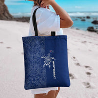 Montserrat Tote Bag with Tribal Sea Turtle Illustration Blue Polynesian Pattern Design - Wonder Print Shop