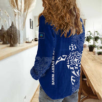 Montserrat Women Casual Shirt with Tribal Sea Turtle Illustration Blue Polynesian Pattern Design - Wonder Print Shop