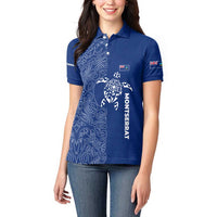 Montserrat Women Polo Shirt with Tribal Sea Turtle Illustration Blue Polynesian Pattern Design - Wonder Print Shop