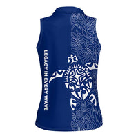 Montserrat Women Sleeveless Polo Shirt with Tribal Sea Turtle Illustration Blue Polynesian Pattern Design - Wonder Print Shop