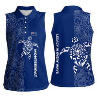 Montserrat Women Sleeveless Polo Shirt with Tribal Sea Turtle Illustration Blue Polynesian Pattern Design - Wonder Print Shop