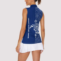 Montserrat Women Sleeveless Polo Shirt with Tribal Sea Turtle Illustration Blue Polynesian Pattern Design - Wonder Print Shop