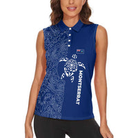 Montserrat Women Sleeveless Polo Shirt with Tribal Sea Turtle Illustration Blue Polynesian Pattern Design - Wonder Print Shop