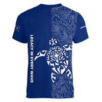 Montserrat Women V-Neck T-Shirt with Tribal Sea Turtle Illustration Blue Polynesian Pattern Design - Wonder Print Shop