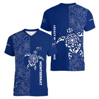 Montserrat Women V-Neck T-Shirt with Tribal Sea Turtle Illustration Blue Polynesian Pattern Design - Wonder Print Shop