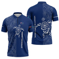 Montserrat Zipper Polo Shirt with Tribal Sea Turtle Illustration Blue Polynesian Pattern Design - Wonder Print Shop