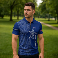Montserrat Zipper Polo Shirt with Tribal Sea Turtle Illustration Blue Polynesian Pattern Design - Wonder Print Shop