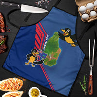 Montserrat Apron with Cartoon Bird and Island Map Blue Red Stripe Design - Wonder Print Shop