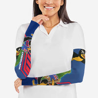 Montserrat Arm Sleeves with Cartoon Bird and Island Map Blue Red Stripe Design - Wonder Print Shop