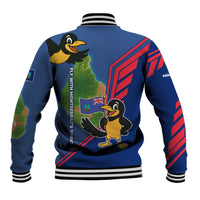 Montserrat Baseball Jacket with Cartoon Bird and Island Map Blue Red Stripe Design - Wonder Print Shop