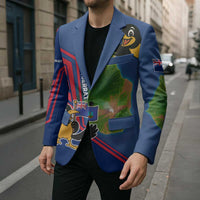 Montserrat Blazer with Cartoon Bird and Island Map Blue Red Stripe Design - Wonder Print Shop
