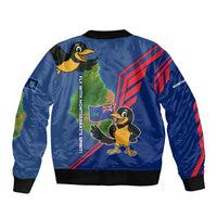 Montserrat Bomber Jacket with Cartoon Bird and Island Map Blue Red Stripe Design - Wonder Print Shop