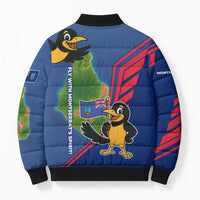 Montserrat Bomber Puffer Jacket with Cartoon Bird and Island Map Blue Red Stripe Design - Wonder Print Shop