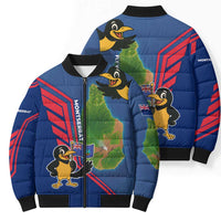 Montserrat Bomber Puffer Jacket with Cartoon Bird and Island Map Blue Red Stripe Design - Wonder Print Shop
