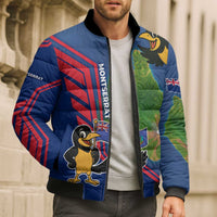 Montserrat Bomber Puffer Jacket with Cartoon Bird and Island Map Blue Red Stripe Design - Wonder Print Shop