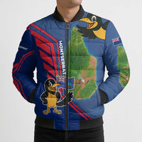 Montserrat Bomber Puffer Jacket with Cartoon Bird and Island Map Blue Red Stripe Design - Wonder Print Shop