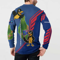 Montserrat Button Sweatshirt with Cartoon Bird and Island Map Blue Red Stripe Design - Wonder Print Shop