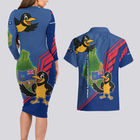Montserrat Couples Matching Long Sleeve Bodycon Dress and Hawaiian Shirt with Cartoon Bird and Island Map Blue Red Stripe Design - Wonder Print Shop