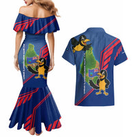 Montserrat Couples Matching Mermaid Dress and Hawaiian Shirt with Cartoon Bird and Island Map Blue Red Stripe Design - Wonder Print Shop