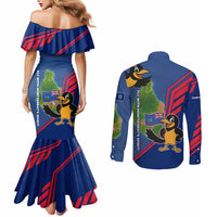 Montserrat Couples Matching Mermaid Dress and Long Sleeve Button Shirt with Cartoon Bird and Island Map Blue Red Stripe Design - Wonder Print Shop