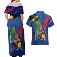Montserrat Couples Matching Off Shoulder Maxi Dress and Hawaiian Shirt with Cartoon Bird and Island Map Blue Red Stripe Design - Wonder Print Shop