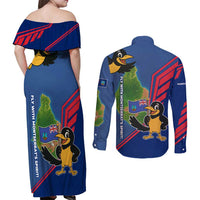 Montserrat Couples Matching Off Shoulder Maxi Dress and Long Sleeve Button Shirt with Cartoon Bird and Island Map Blue Red Stripe Design - Wonder Print Shop