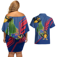 Montserrat Couples Matching Off Shoulder Short Dress and Hawaiian Shirt with Cartoon Bird and Island Map Blue Red Stripe Design - Wonder Print Shop