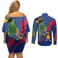 Montserrat Couples Matching Off Shoulder Short Dress and Long Sleeve Button Shirt with Cartoon Bird and Island Map Blue Red Stripe Design - Wonder Print Shop