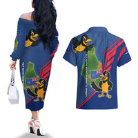 Montserrat Couples Matching Off The Shoulder Long Sleeve Dress and Hawaiian Shirt with Cartoon Bird and Island Map Blue Red Stripe Design - Wonder Print Shop