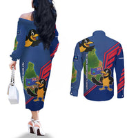 Montserrat Couples Matching Off The Shoulder Long Sleeve Dress and Long Sleeve Button Shirt with Cartoon Bird and Island Map Blue Red Stripe Design - Wonder Print Shop